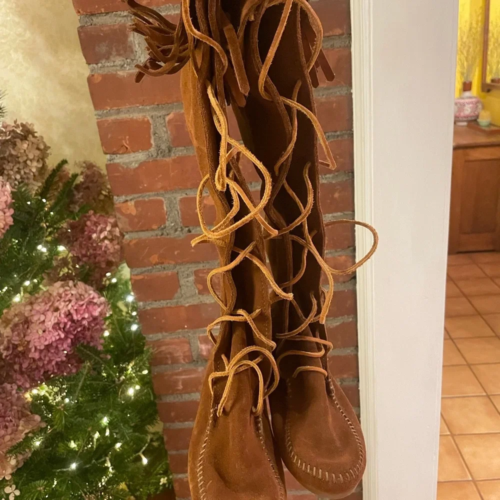 Minnetonka Tan Lace-Up Fringe Boots - Picture 3 of 5